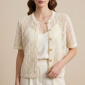 HANDMADE NORTHERN SILK Handcrafted Crochet Lace Cotton Linen Cardigan Cream